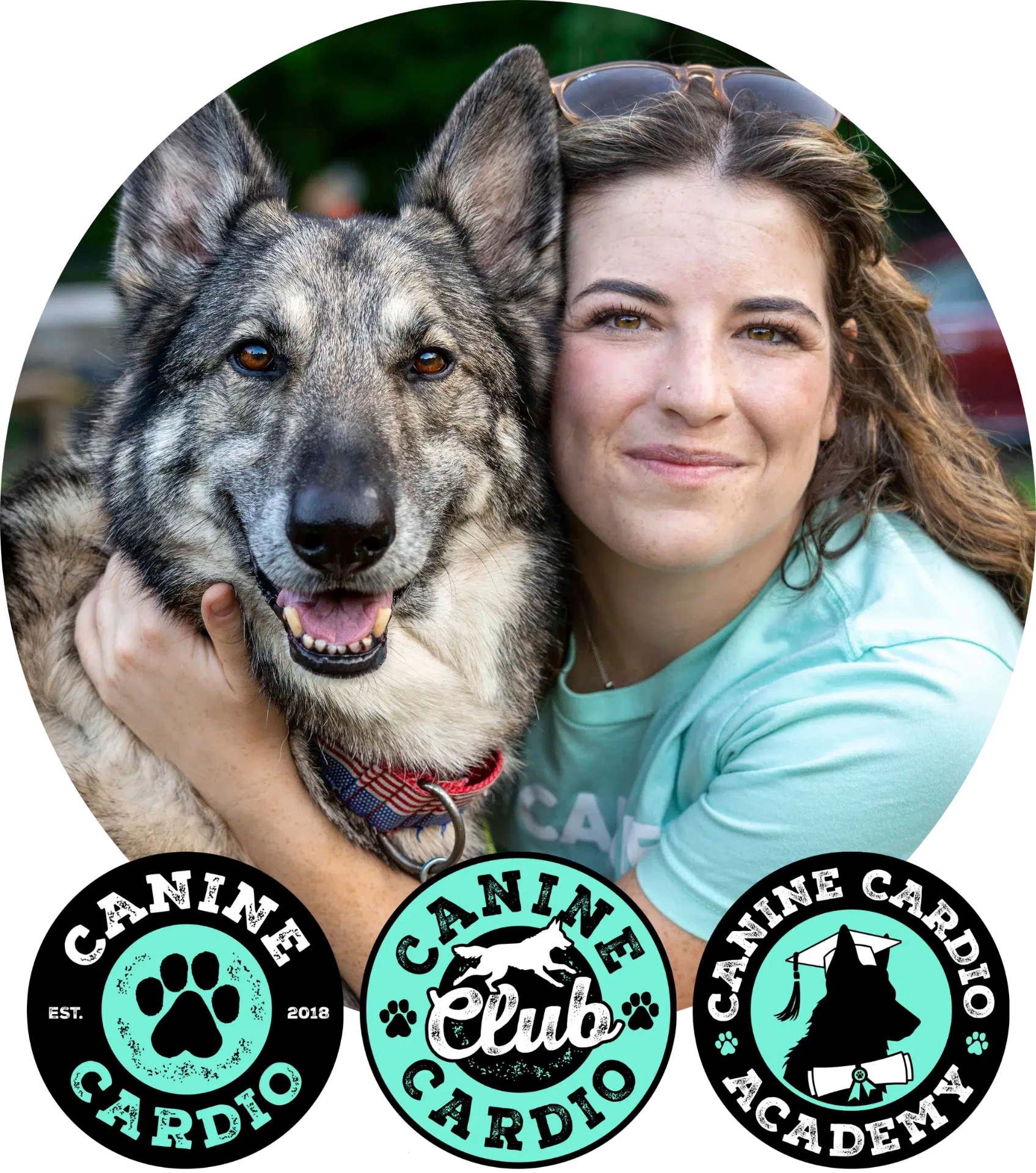 Brittany Schneller, Founder and Head Trainer of Canine Cardio, with a German Shepherd and the Canine Cardio, Club, and Academy badges