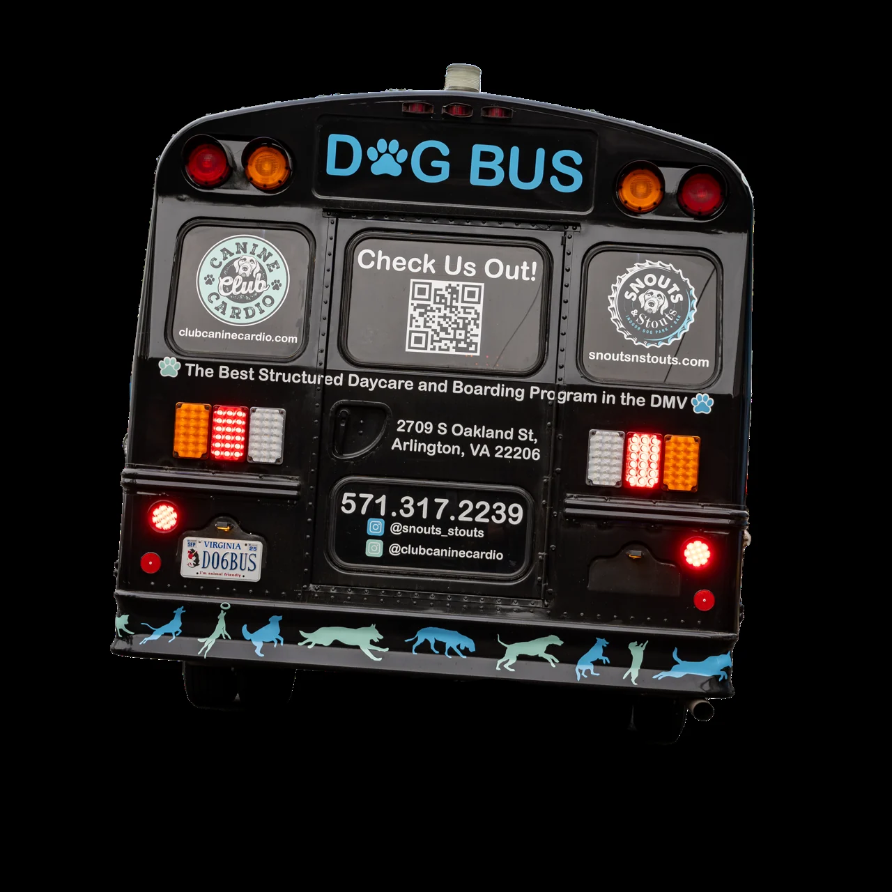 Rear of the Canine Cardio Dog Bus with QR code and contact info